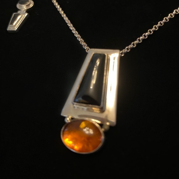 Jay King DTR Sterling Silver Black Onyx and Amber Pendant and Earrings - Picture 2 of 3